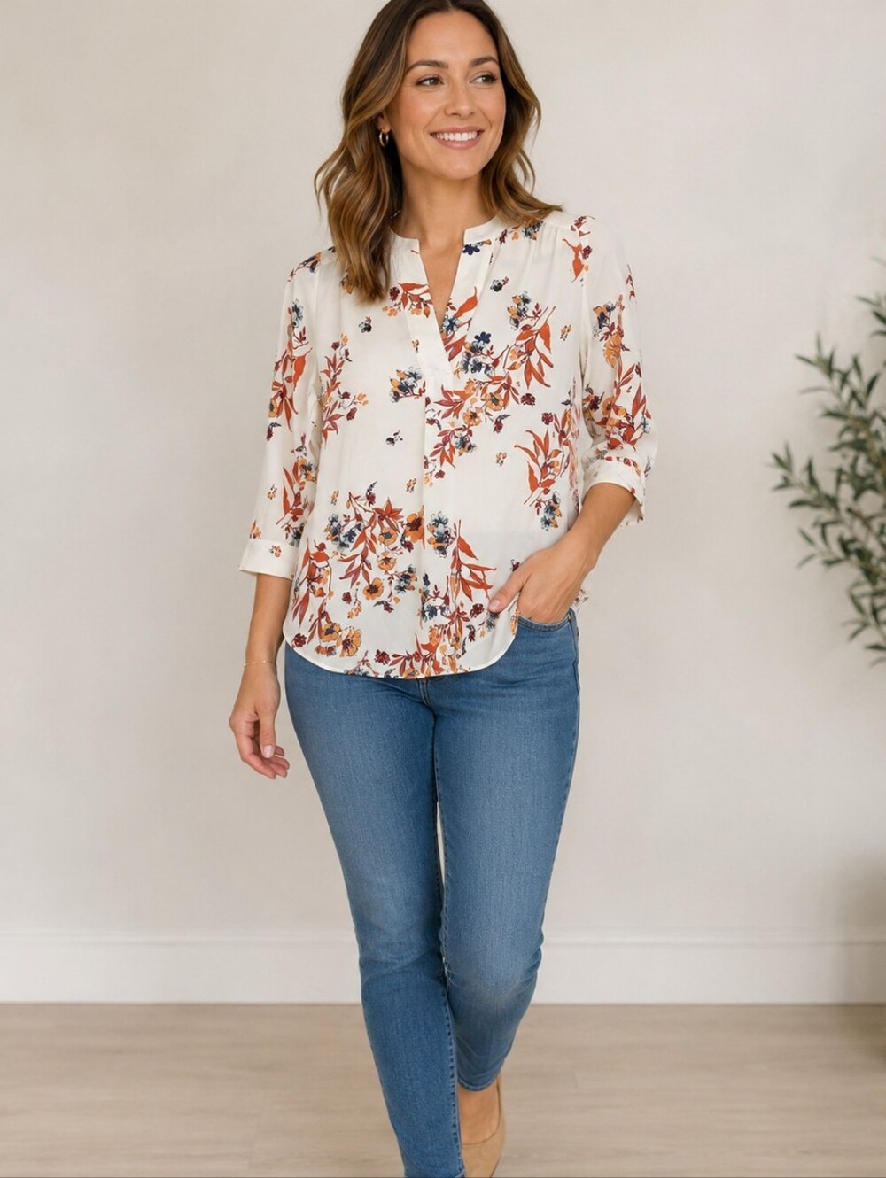 Van Heusen Floral Split Neck Blouse Women's Medium White 3/4 Sleeve Top